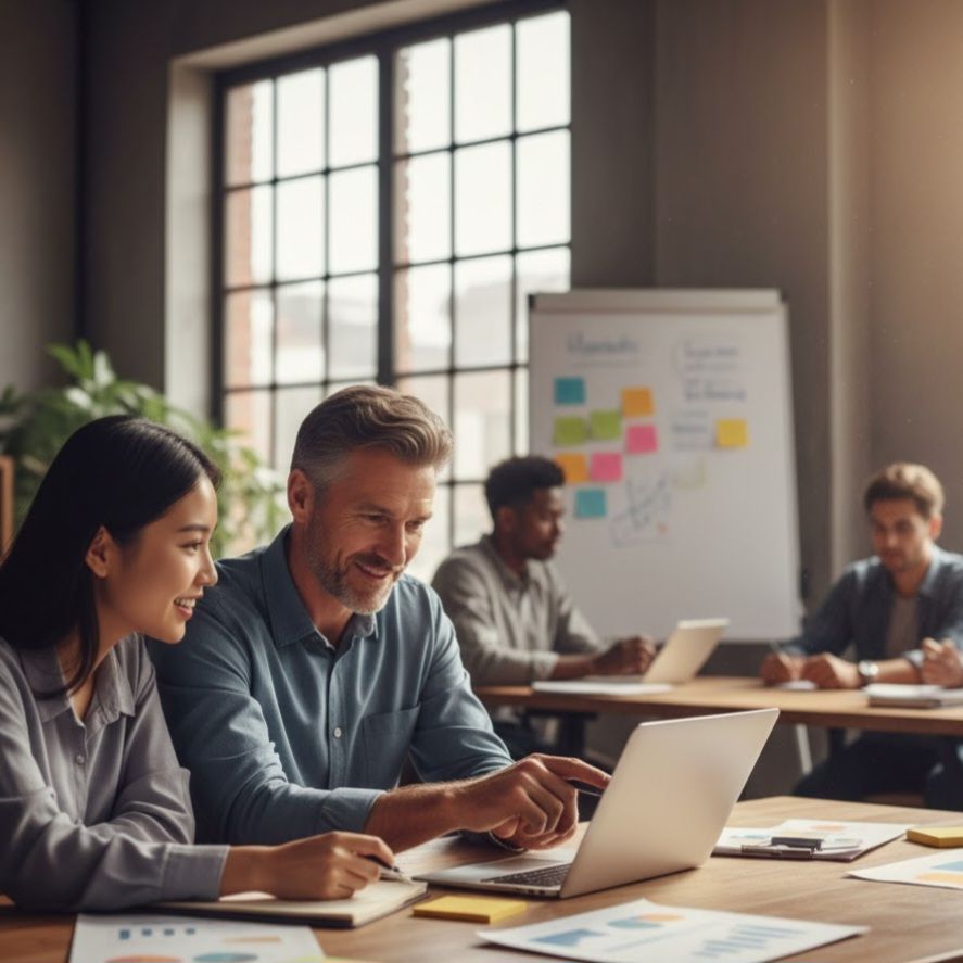 Mahasiswa berdiskusi dengan mentor di kantor modern, menggambarkan proses belajar profesionalisme selama magang.