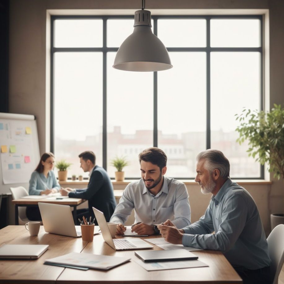 Mahasiswa magang berdiskusi dengan mentor di kantor modern, menggambarkan pembentukan mentalitas profesional.