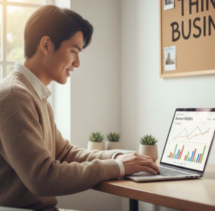 Mahasiswa sedang magang di Satu Magang, bekerja dari rumah dengan laptop menampilkan grafik bisnis dan mindset bisnis yang kuat.