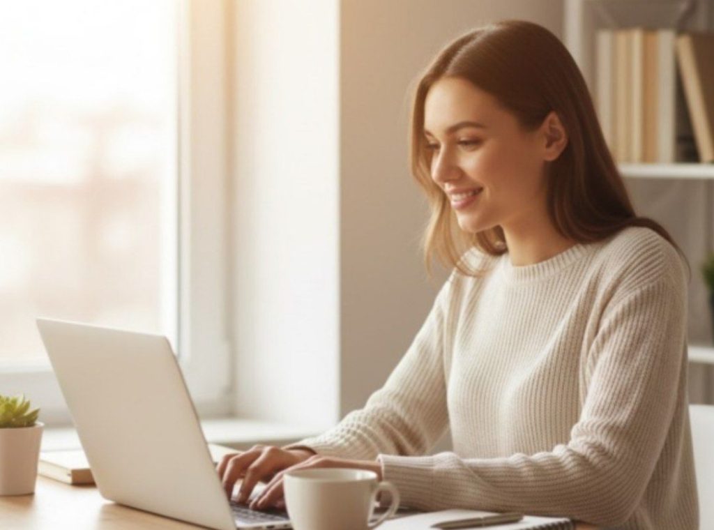 Wanita profesional bekerja dari rumah dengan nyaman dan produktif di setup home office yang minimalis.