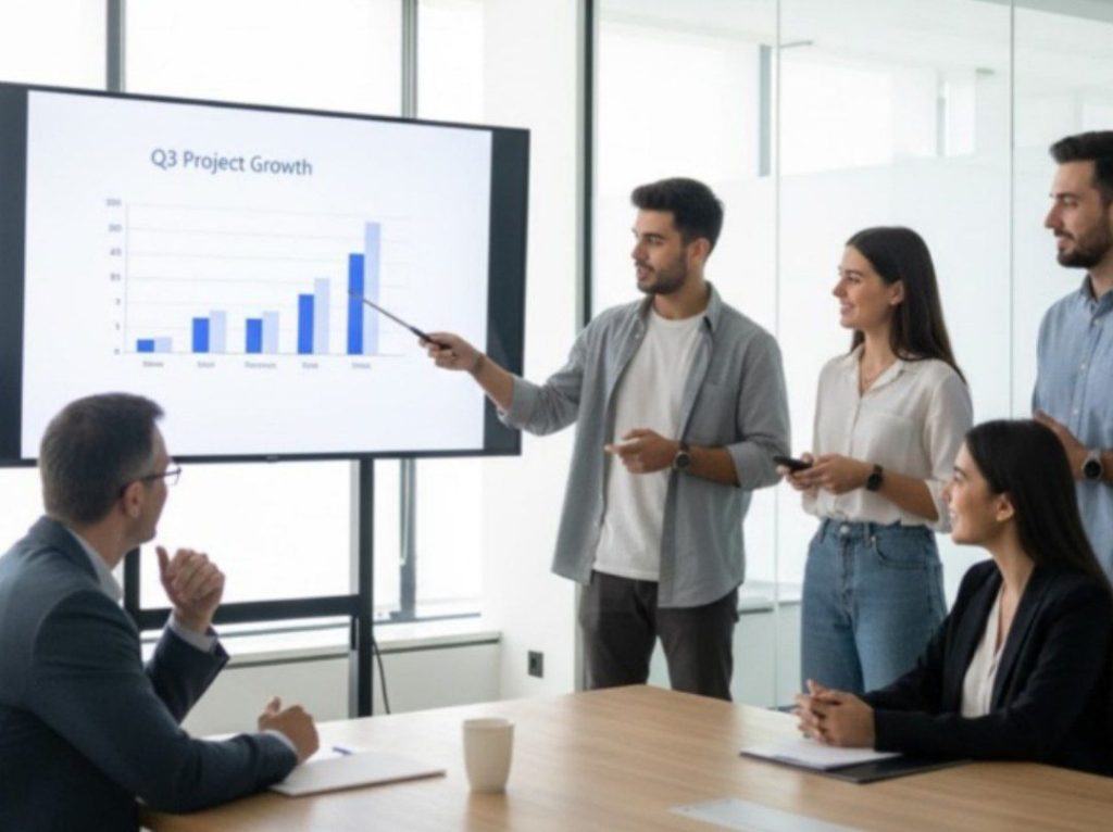 Diskusi Tim Mahasiswa Magang dan HR	Mahasiswa magang berdiskusi dengan HR dan mentor, memperlihatkan kolaborasi dan profesionalitas.