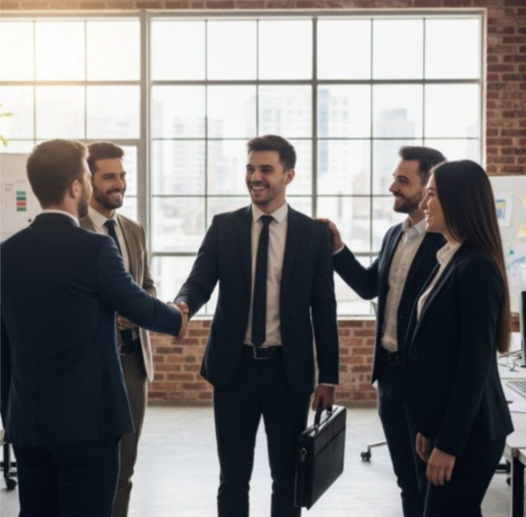 Mahasiswa magang memperkenalkan diri dengan percaya diri di hari pertama	Ilustrasi suasana hari pertama magang