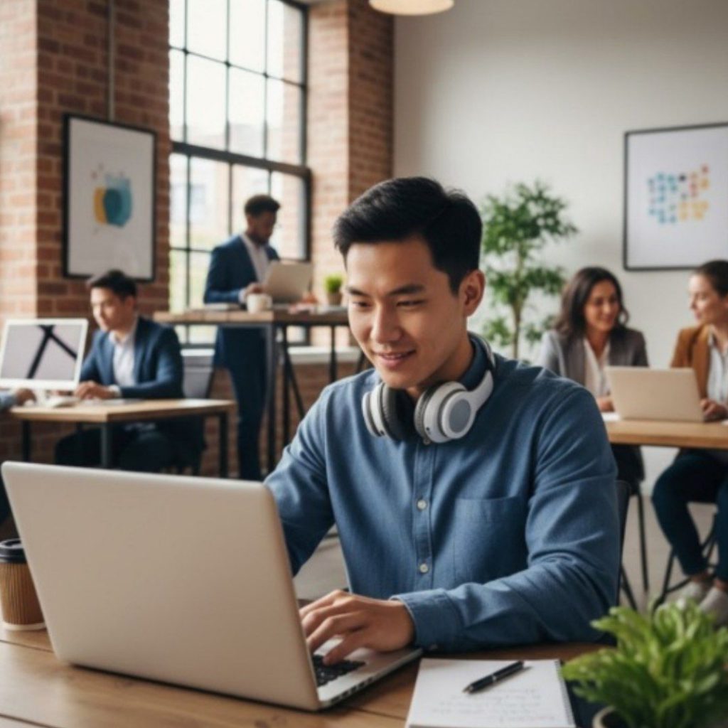 Mahasiswa magang yang sukses sedang fokus bekerja di depan laptop dengan sikap profesional.