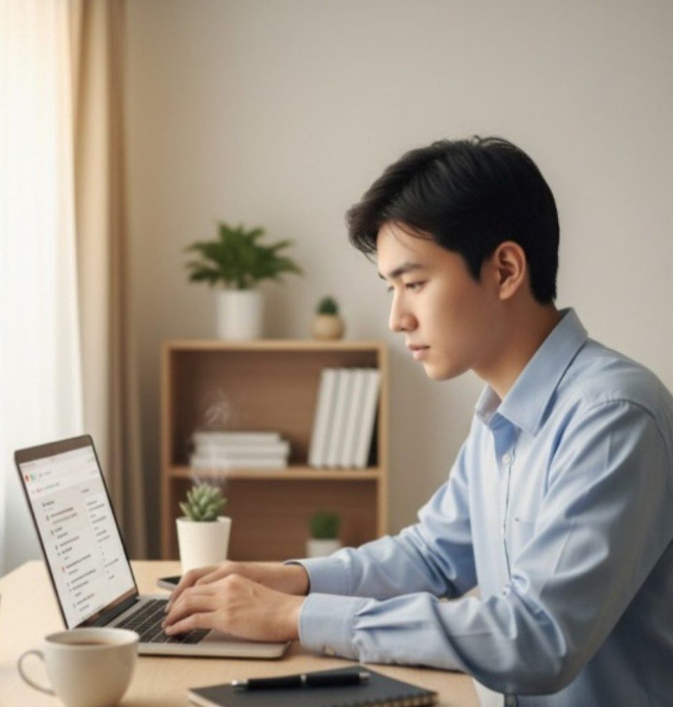 Mahasiswa mengikuti meeting Zoom dengan pakaian rapi selama magang online.