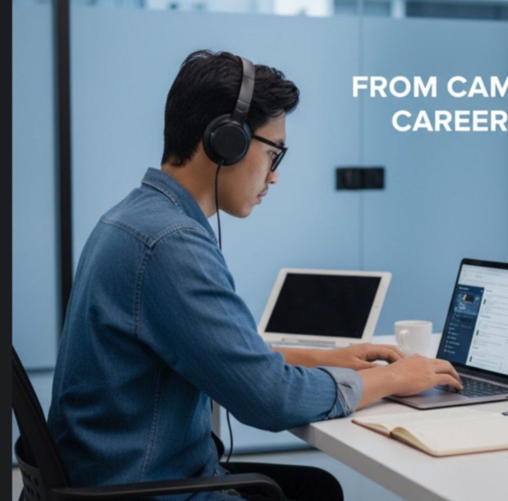 Mahasiswa mengikuti magang online dari rumah menggunakan laptop dalam suasana kerja fleksibel.