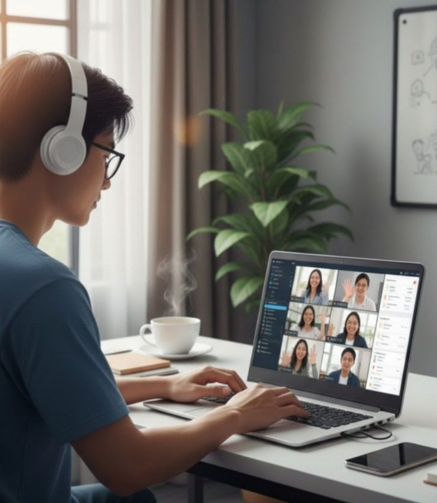 Mahasiswa mengikuti magang online dari rumah menggunakan laptop dalam suasana kerja fleksibel.