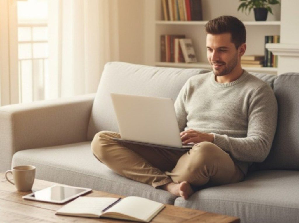 Mahasiswa sedang mengerjakan magang online dari rumah menggunakan laptop.