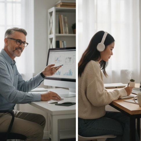 Mahasiswa berdiskusi dengan mentor untuk menyelesaikan proyek magang.

