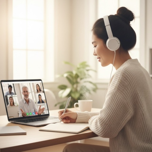 Mahasiswa sedang mengikuti magang online dari rumah menggunakan laptop.