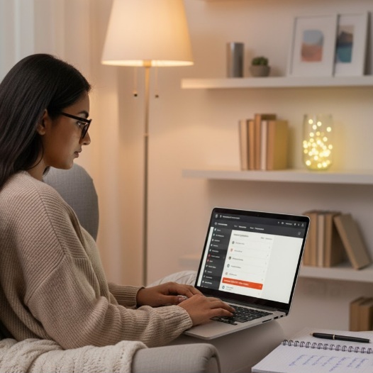 Mahasiswa mencari peluang magang online sebelum semester 5 sambil mencatat rencana karier.