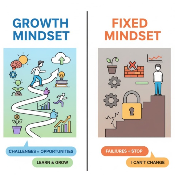 Ilustrasi perbandingan growth mindset dan fixed mindset untuk mahasiswa yang sedang magang.
