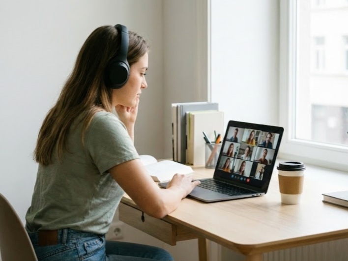 Mahasiswa Gen Z mengikuti rapat magang online Satu Magang secara fleksibel dari rumah.