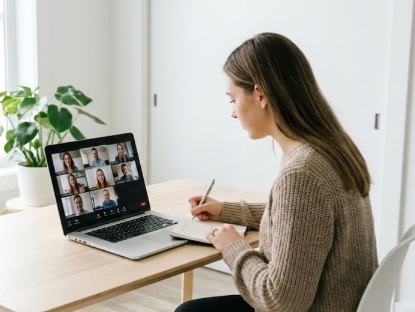 Mahasiswa sedang melakukan networking profesional melalui video call selama magang online dengan strategi membangun relasi profesional.