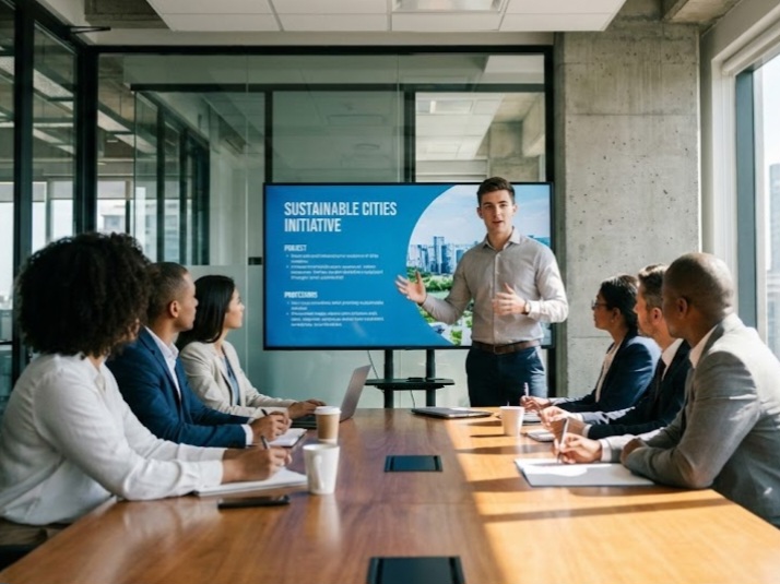 Mahasiswa magang mempresentasikan ide sebagai bentuk kepemimpinan dan mindset pebisnis muda.