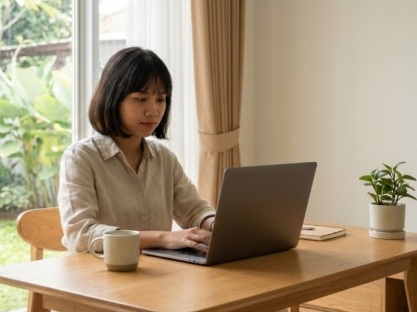 Mahasiswa sedang fokus bekerja saat magang online dengan laptop di meja kerja.
