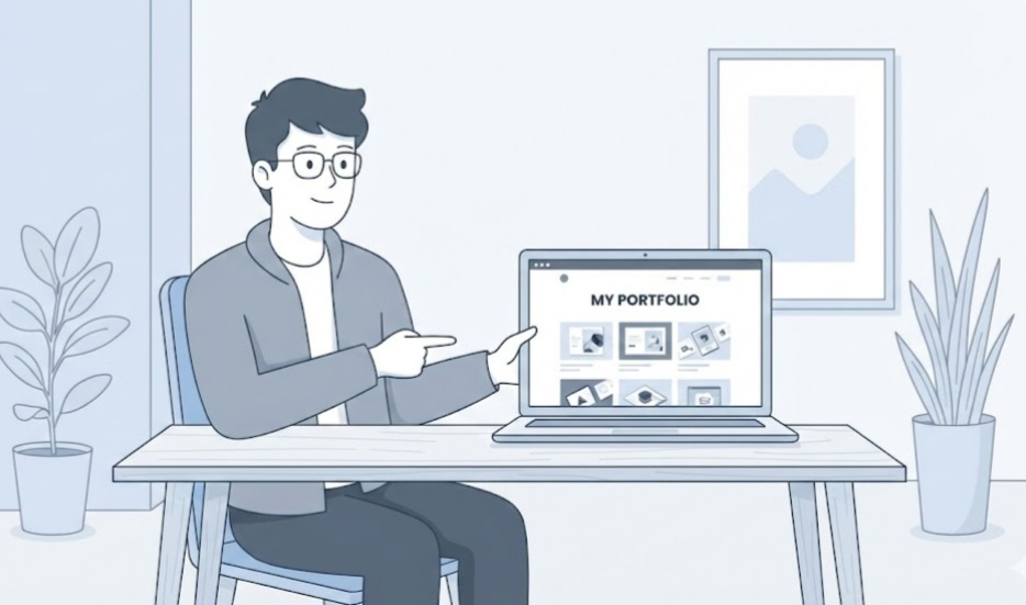 Ilustrasi mahasiswa menampilkan portofolio hasil magang untuk menemukan arah karier yang diminatinya.