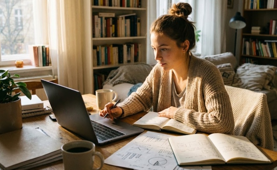 Mahasiswa dengan IPK tinggi melakukan magang remote sedang bekerja serius dari kamar kos.