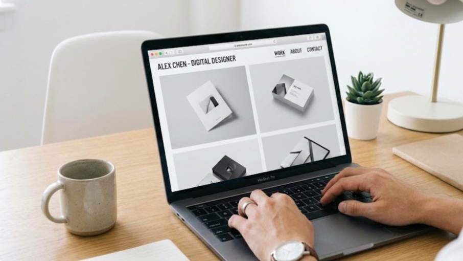 Intern proaktif sedang menyiapkan portofolio online dari hasil magang dan proyek nyata.