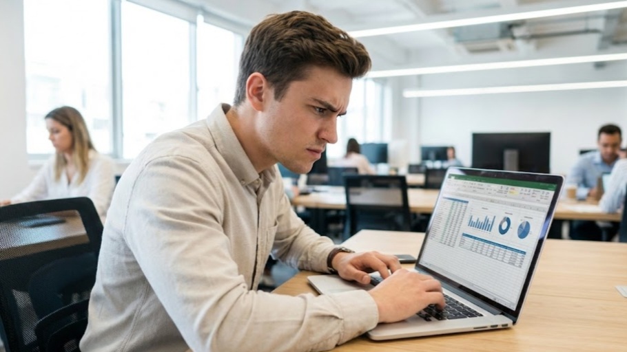 Anak magang sedang menganalisis data untuk memecahkan masalah kerja, melatih skill problem solvingq.