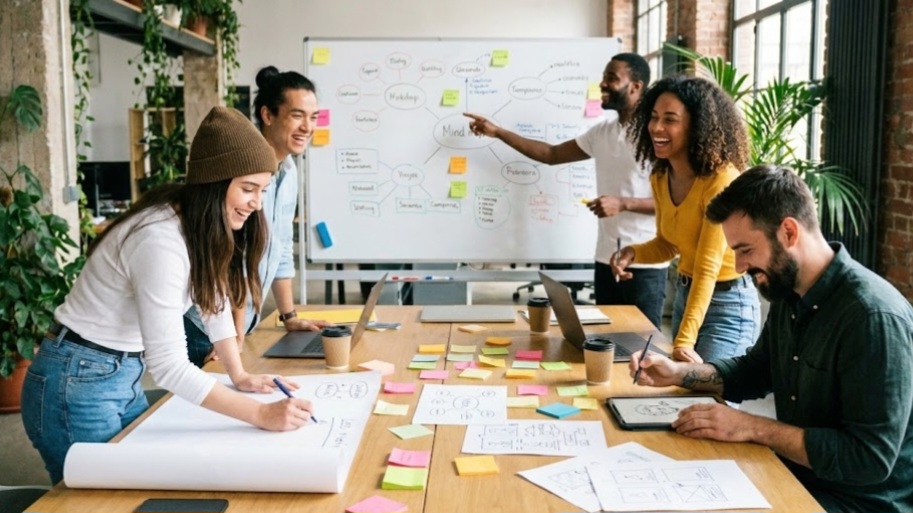 Tim magang sedang melakukan brainstorming strategi bisnis di magang pertama yang mereka kerjakan.