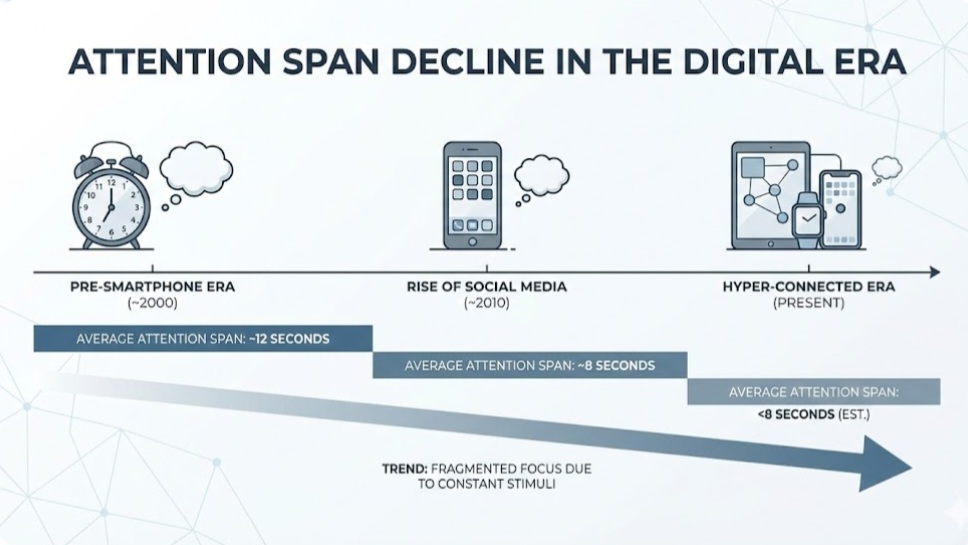 Grafik ilustrasi fenomena penurunan attention span gen z di era digital.