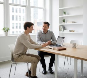 Ilustrasi anak muda belajar skill di tempat magang bersama mentor profesional.