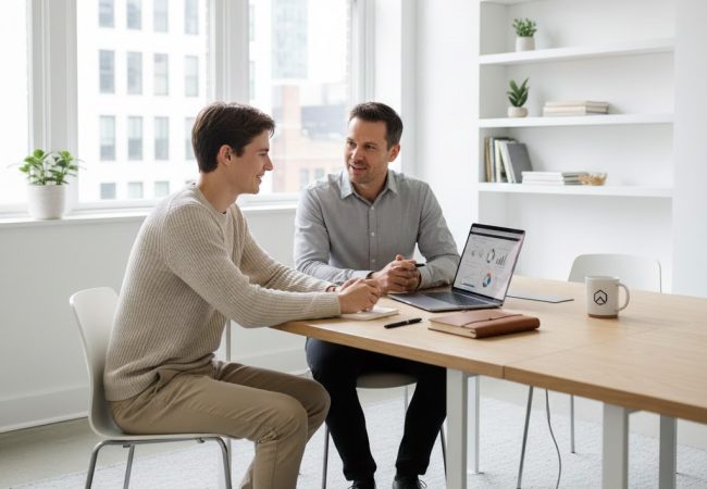 Ilustrasi anak muda belajar skill di tempat magang bersama mentor profesional.