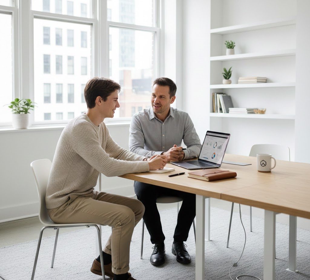Ilustrasi anak muda belajar skill di tempat magang bersama mentor profesional.