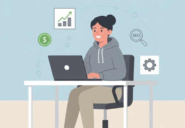 Ilustrasi anak magang bekerja dengan simbol uang dan grafik untuk menggambarkan magang bikin tajir.